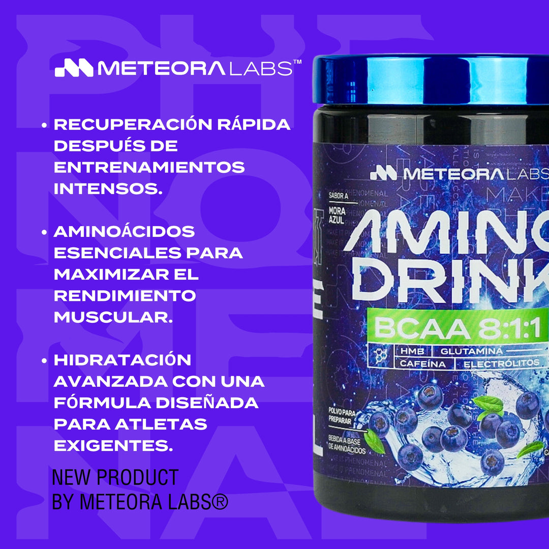 METEORA LABS | AminoDrink | BCAA 8:1:1 | HMB | Glutamina | Electrolitos | 30 Porciones | Sin Azúcares Añadidos | 🫐 Sabor Mora Azul