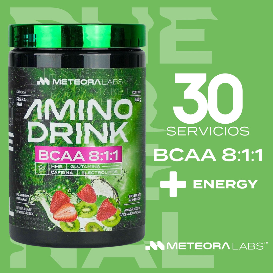 METEORA LABS | AminoDrink | BCAA 8:1:1 | HMB | Glutamina | Electrolitos | 30 Porciones | Sin Azúcares Añadidos | 🍓🥝 Sabor Fresa Kiwi