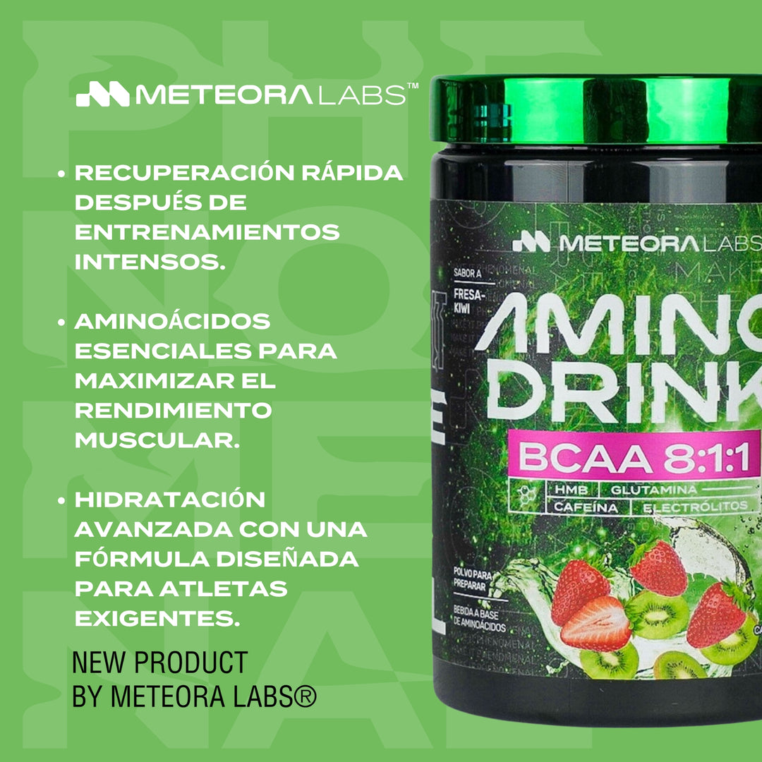 METEORA LABS | AminoDrink | BCAA 8:1:1 | HMB | Glutamina | Electrolitos | 30 Porciones | Sin Azúcares Añadidos | 🍓🥝 Sabor Fresa Kiwi