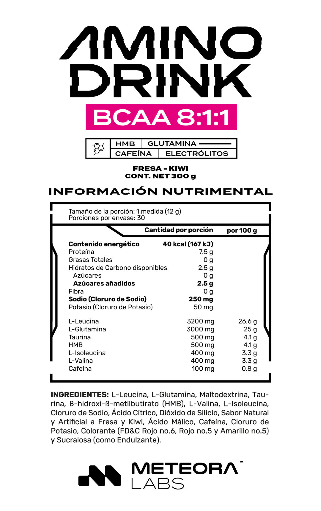 METEORA LABS | AminoDrink | BCAA 8:1:1 | HMB | Glutamina | Electrolitos | 30 Porciones | Sin Azúcares Añadidos | 🍓🥝 Sabor Fresa Kiwi