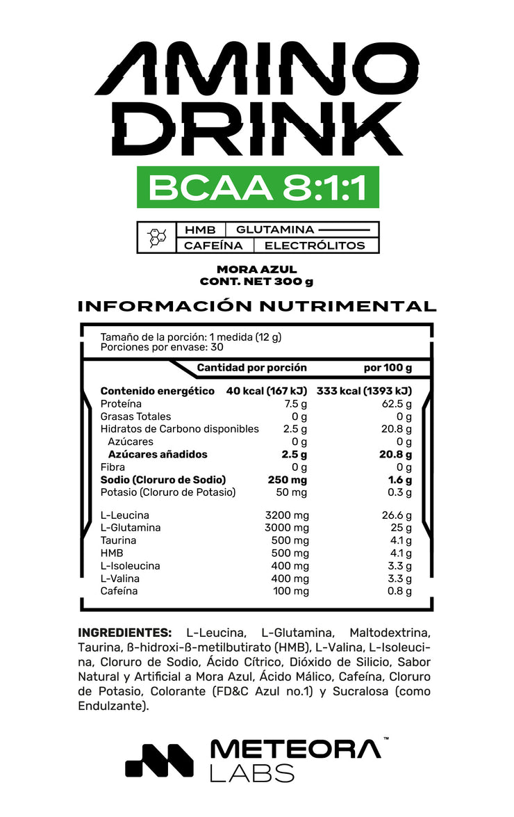 METEORA LABS | AminoDrink | BCAA 8:1:1 | HMB | Glutamina | Electrolitos | 30 Porciones | Sin Azúcares Añadidos | 🫐 Sabor Mora Azul